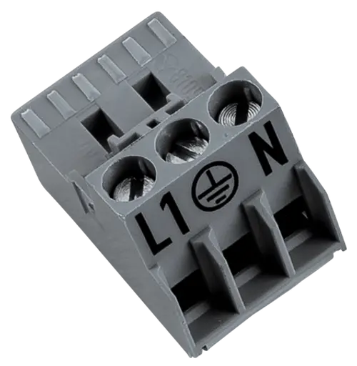 Stecker mit drei Anschlüssen für L, N und PE in Lichtblau. Zeigt die Marke Wolf an, geeignet für elektrische Verbindungen.